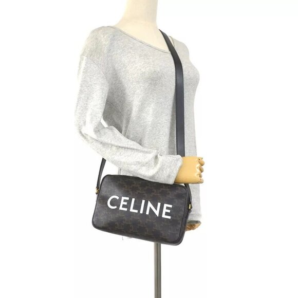Auth CELINE Triomphe Medium Messenger Bag Crossbody Shoulder Bag Black - Picture 1 of 16